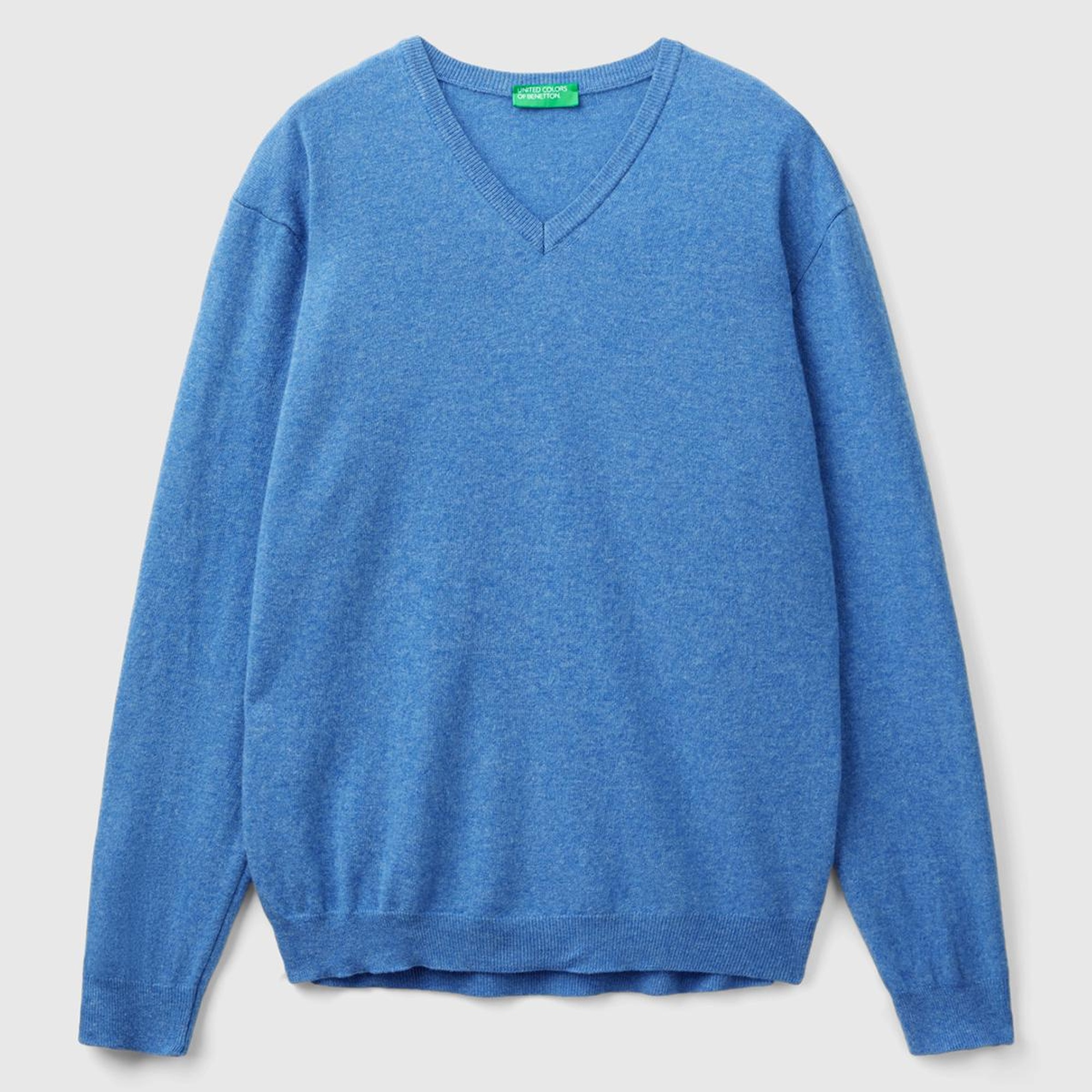 Erkek Mavi Melanj V Yaka %100 Merino Kazak