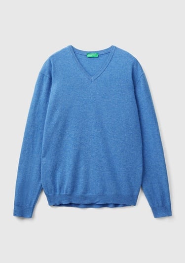  Erkek Mavi Melanj V Yaka %100 Merino Kazak