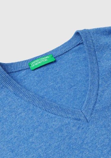  Erkek Mavi Melanj V Yaka %100 Merino Kazak