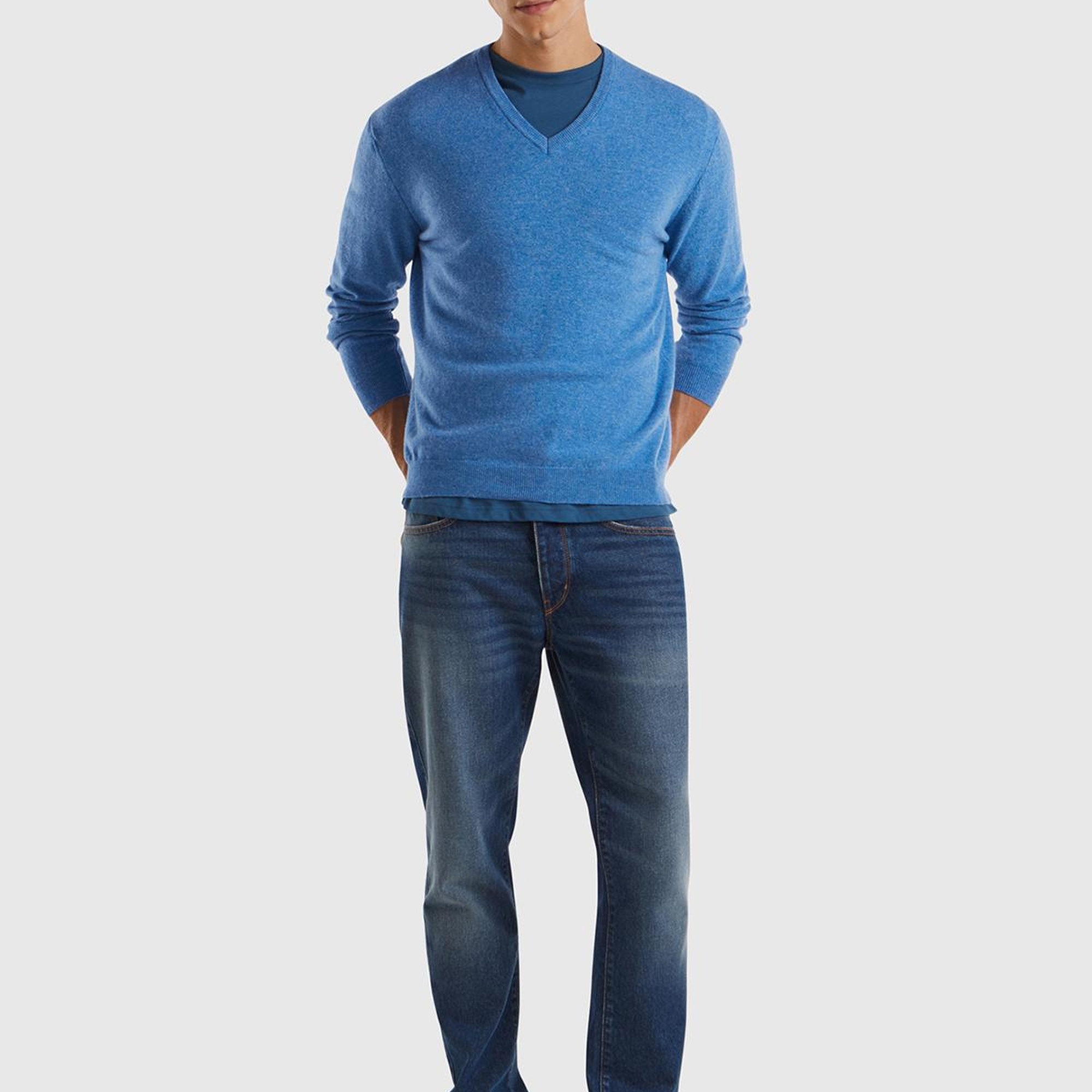 Erkek Mavi Melanj V Yaka %100 Merino Kazak