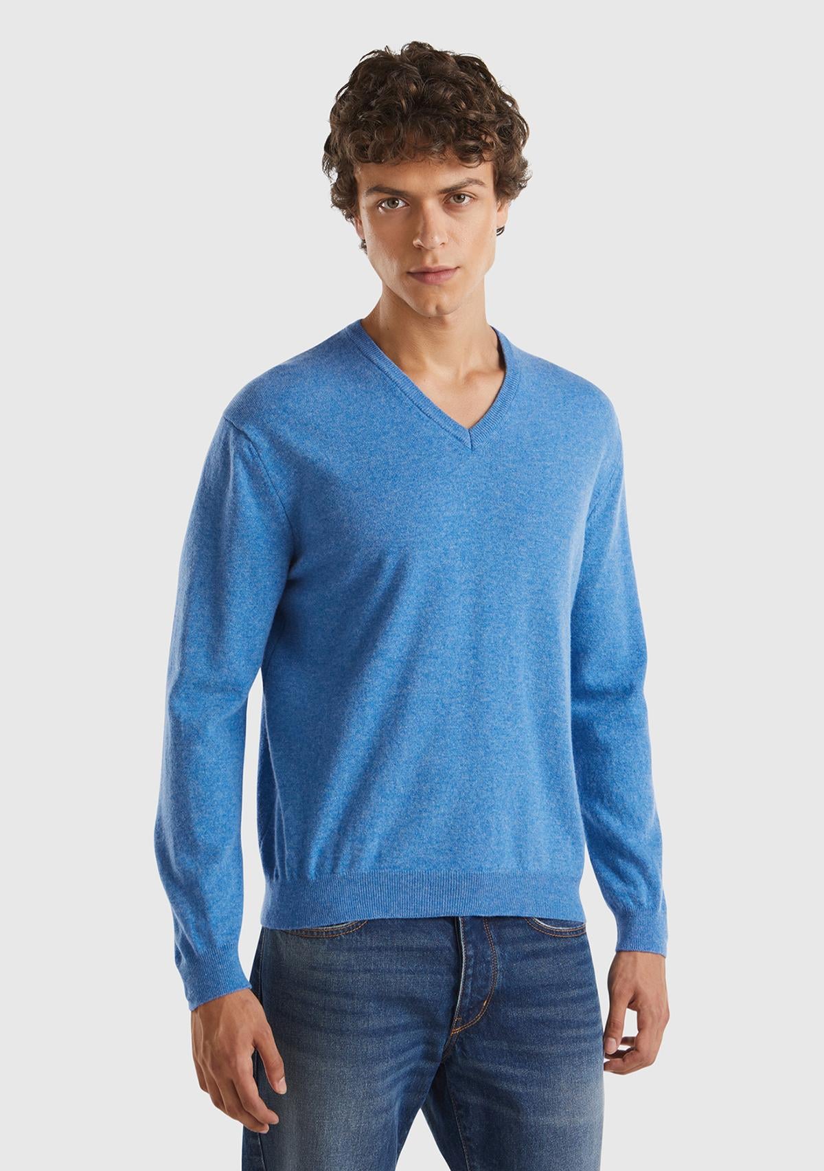  Erkek Mavi Melanj V Yaka %100 Merino Kazak