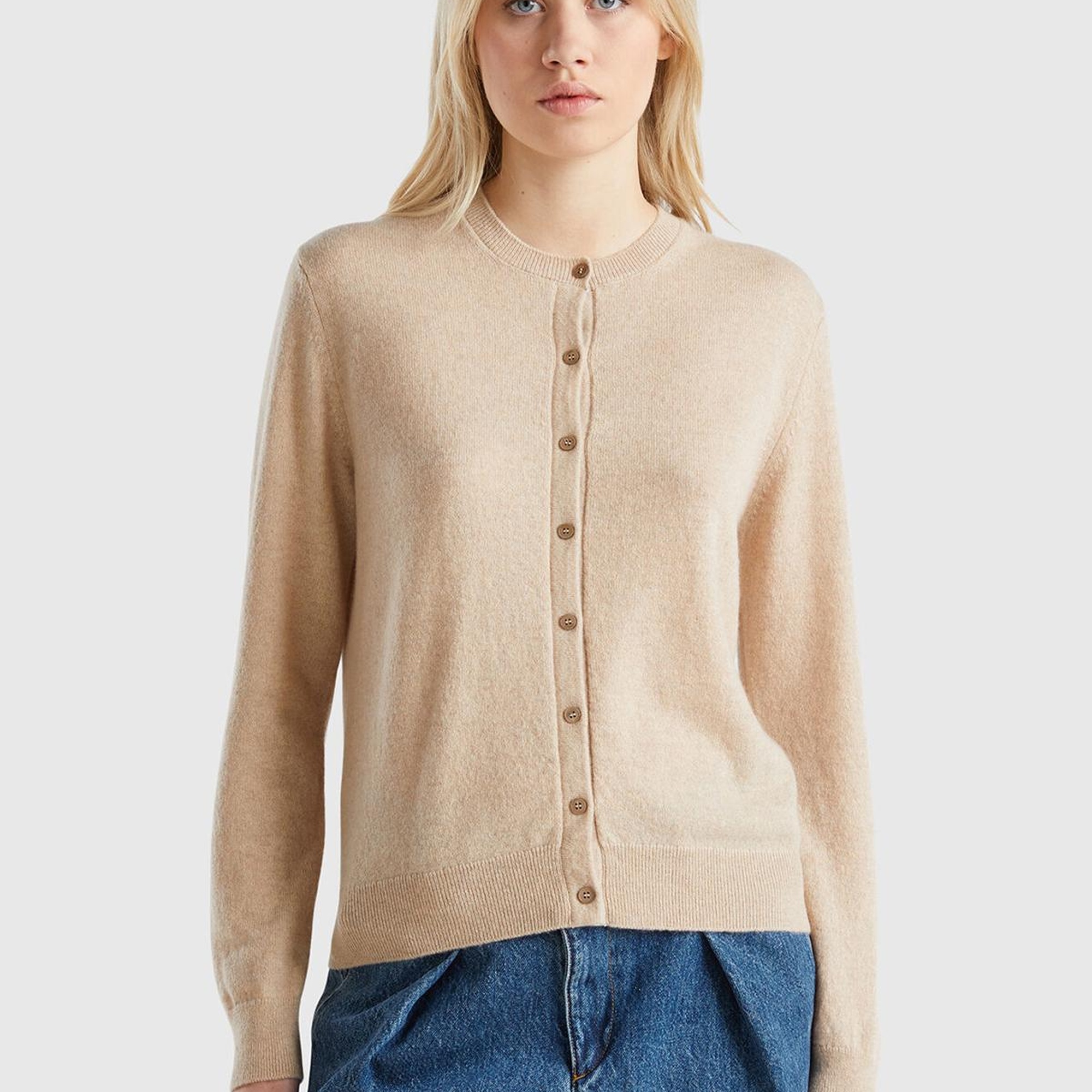 Kadın Bej Melanj %100 Kaşmir Yuvarlak Yaka Önü Düğme İliklemeli Hırka