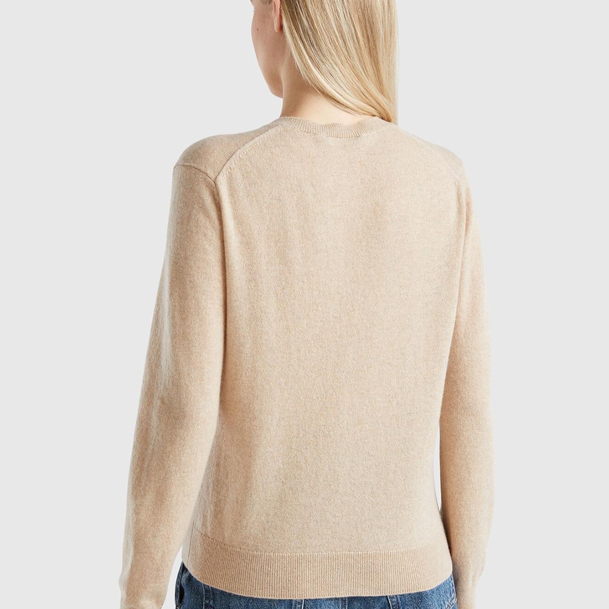 Kadın Bej Melanj %100 Kaşmir Yuvarlak Yaka Önü Düğme İliklemeli Hırka