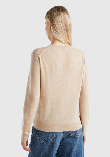  Kadın Bej Melanj %100 Kaşmir Yuvarlak Yaka Önü Düğme İliklemeli Hırka