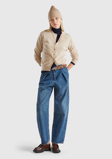  Kadın Bej Melanj %100 Kaşmir Yuvarlak Yaka Önü Düğme İliklemeli Hırka