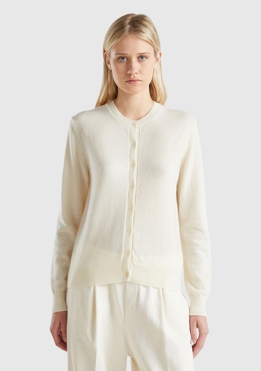 Kadın Krem %100 Kaşmir Yuvarlak Yaka Önü Düğme İliklemeli Hırka