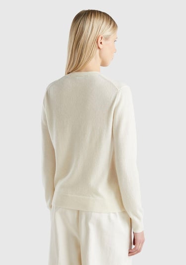  Kadın Krem %100 Kaşmir Yuvarlak Yaka Önü Düğme İliklemeli Hırka