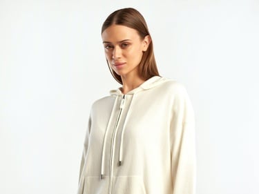  Kadın Krem Kapüşonlu Kaşmir Karışımlı Triko Eşofman Üstü