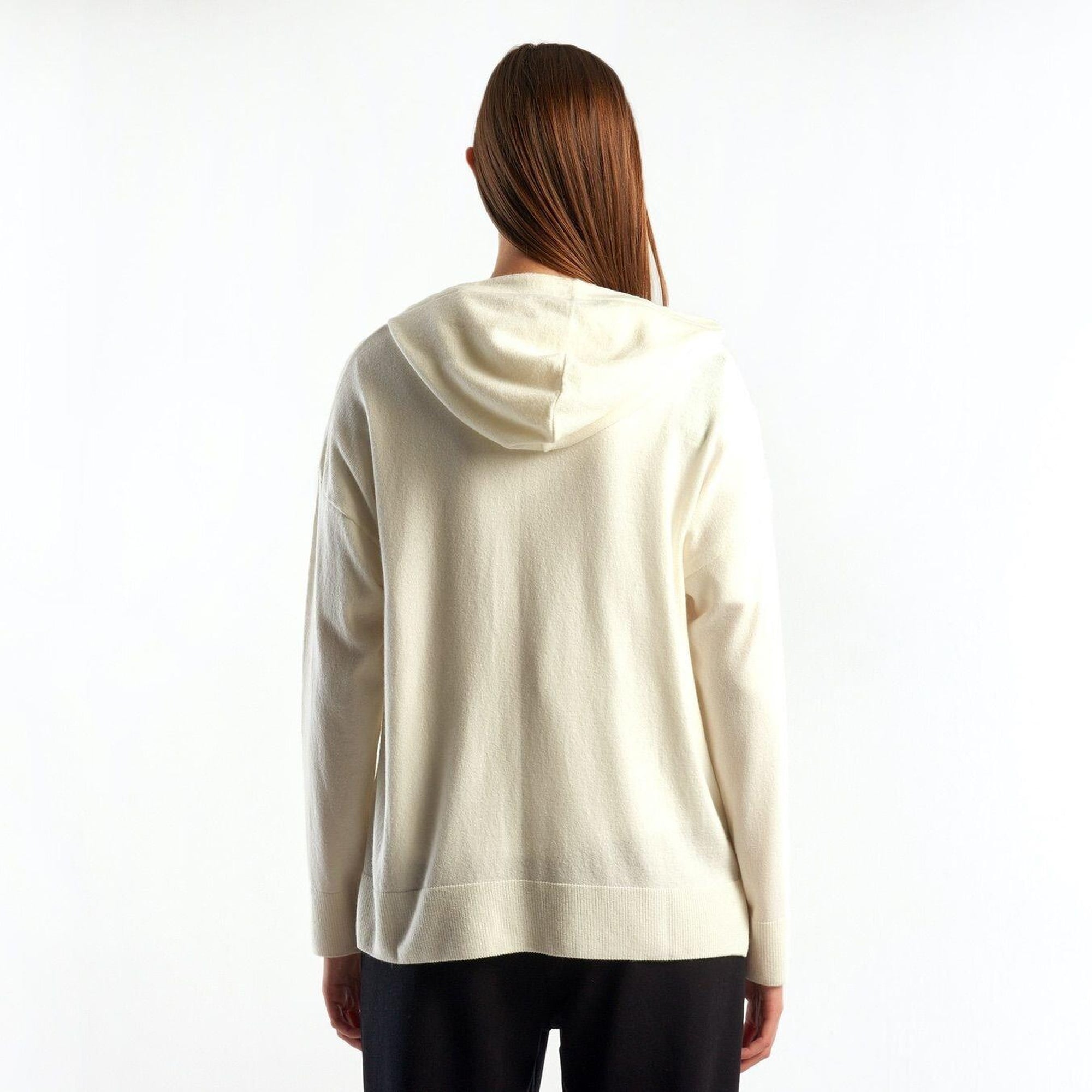 Kadın Krem Kapüşonlu Kaşmir Karışımlı Triko Eşofman Üstü