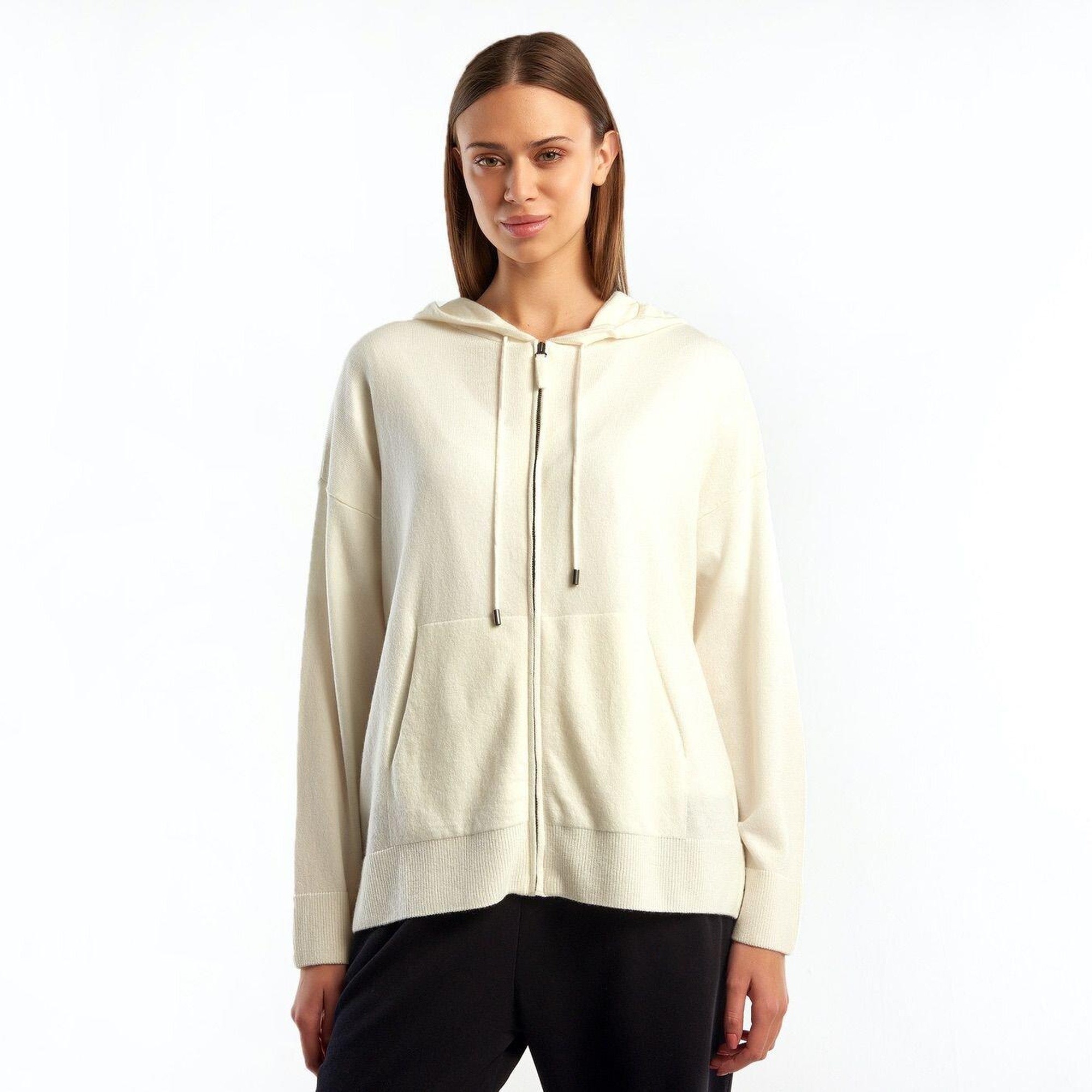 Kadın Krem Kapüşonlu Kaşmir Karışımlı Triko Eşofman Üstü