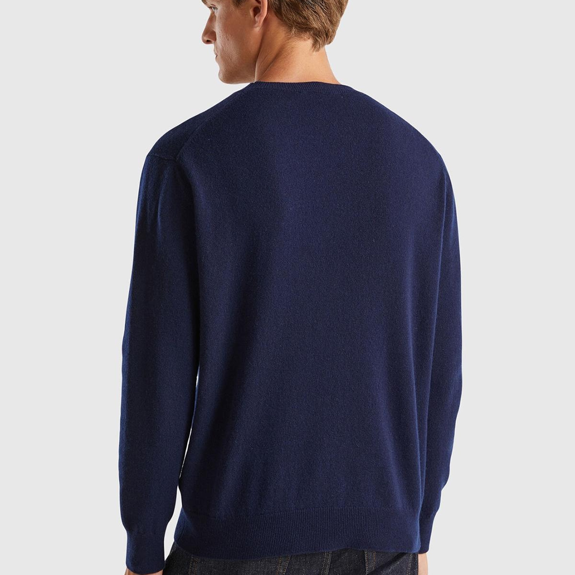 Erkek Lacivert %100 Kaşmir Normal Kesim Ribanalı Yuvarlak Yaka Kazak