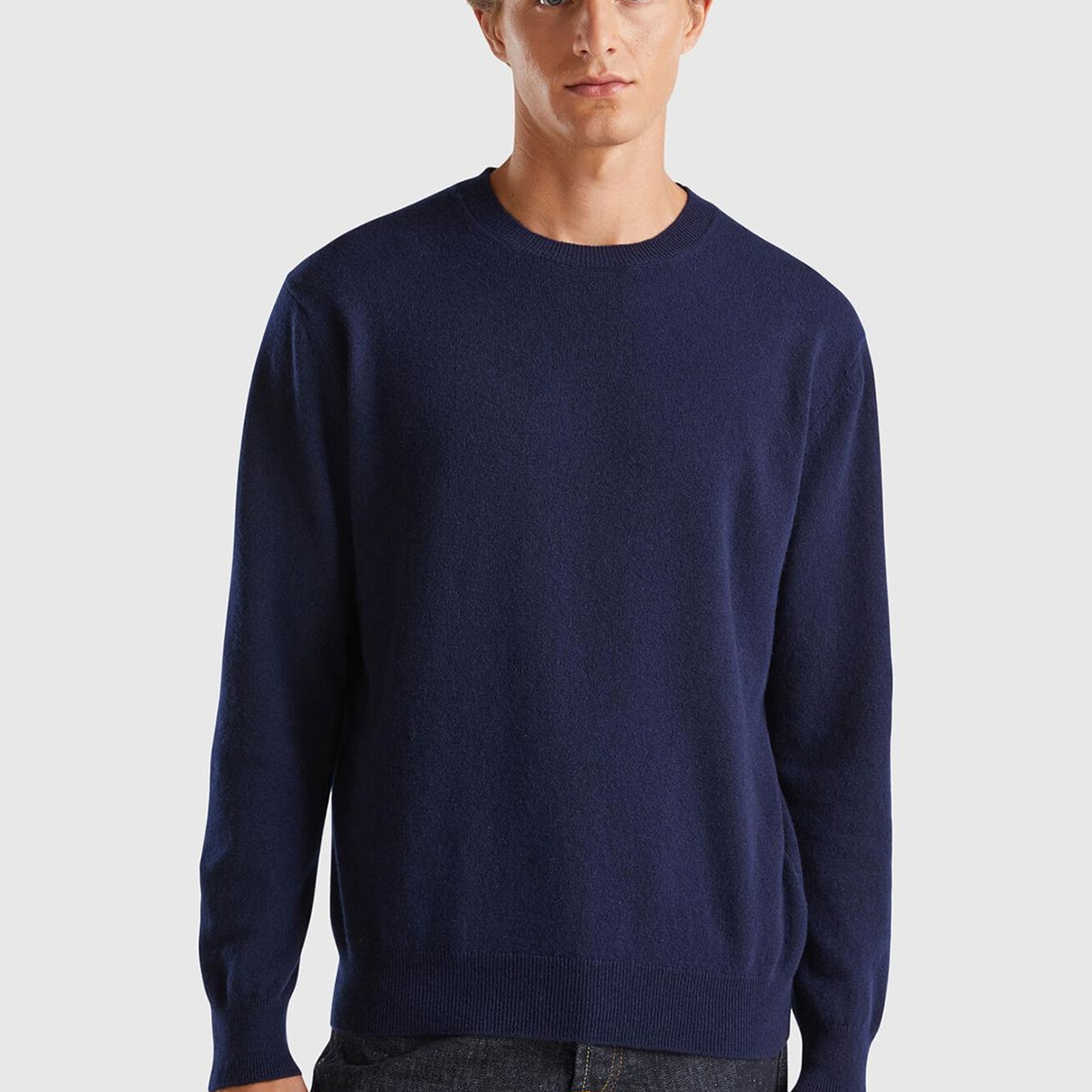 Erkek Lacivert %100 Kaşmir Normal Kesim Ribanalı Yuvarlak Yaka Kazak