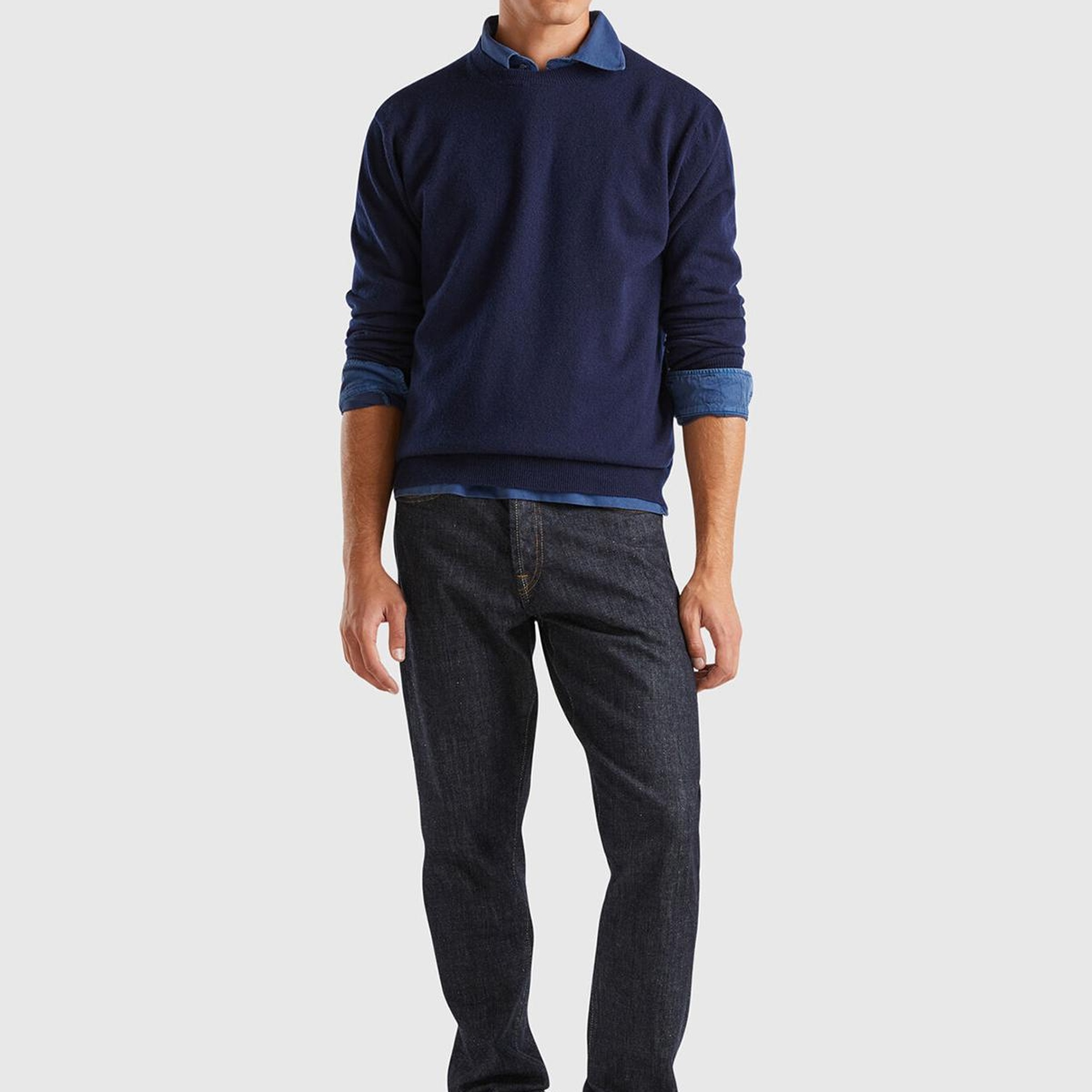 Erkek Lacivert %100 Kaşmir Normal Kesim Ribanalı Yuvarlak Yaka Kazak