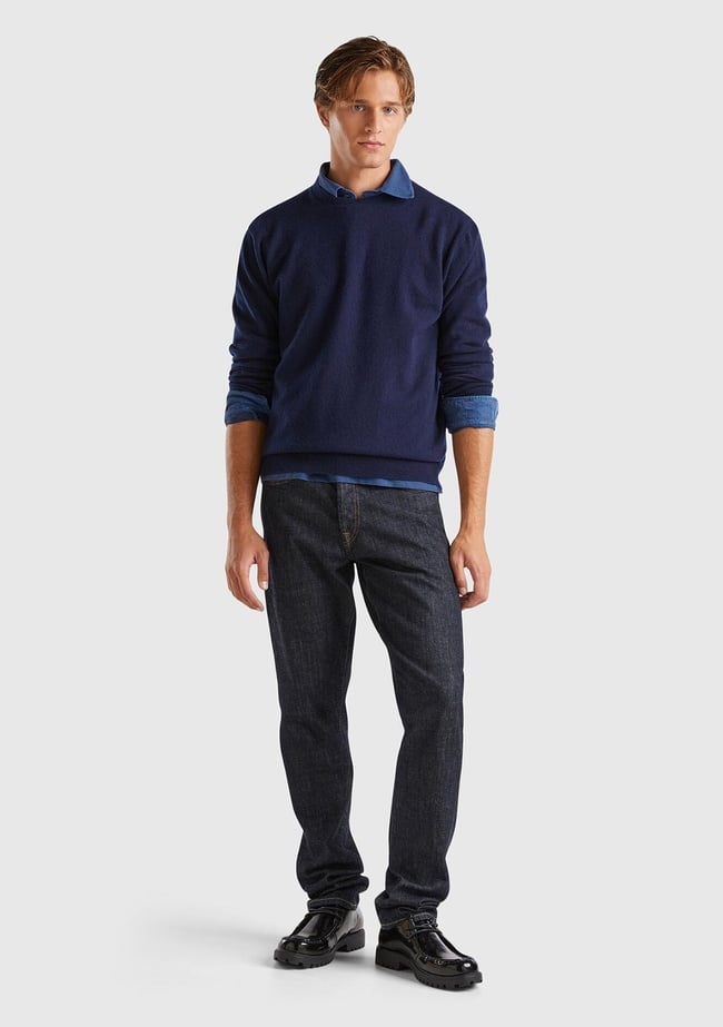  Erkek Lacivert %100 Kaşmir Normal Kesim Ribanalı Yuvarlak Yaka Kazak