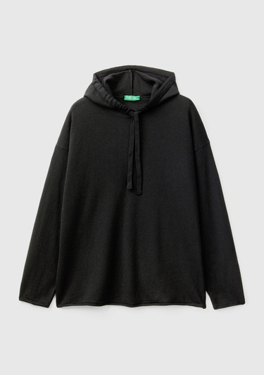  Kadın Siyah Kaşmir Karışımlı Kapşonlu Kazak