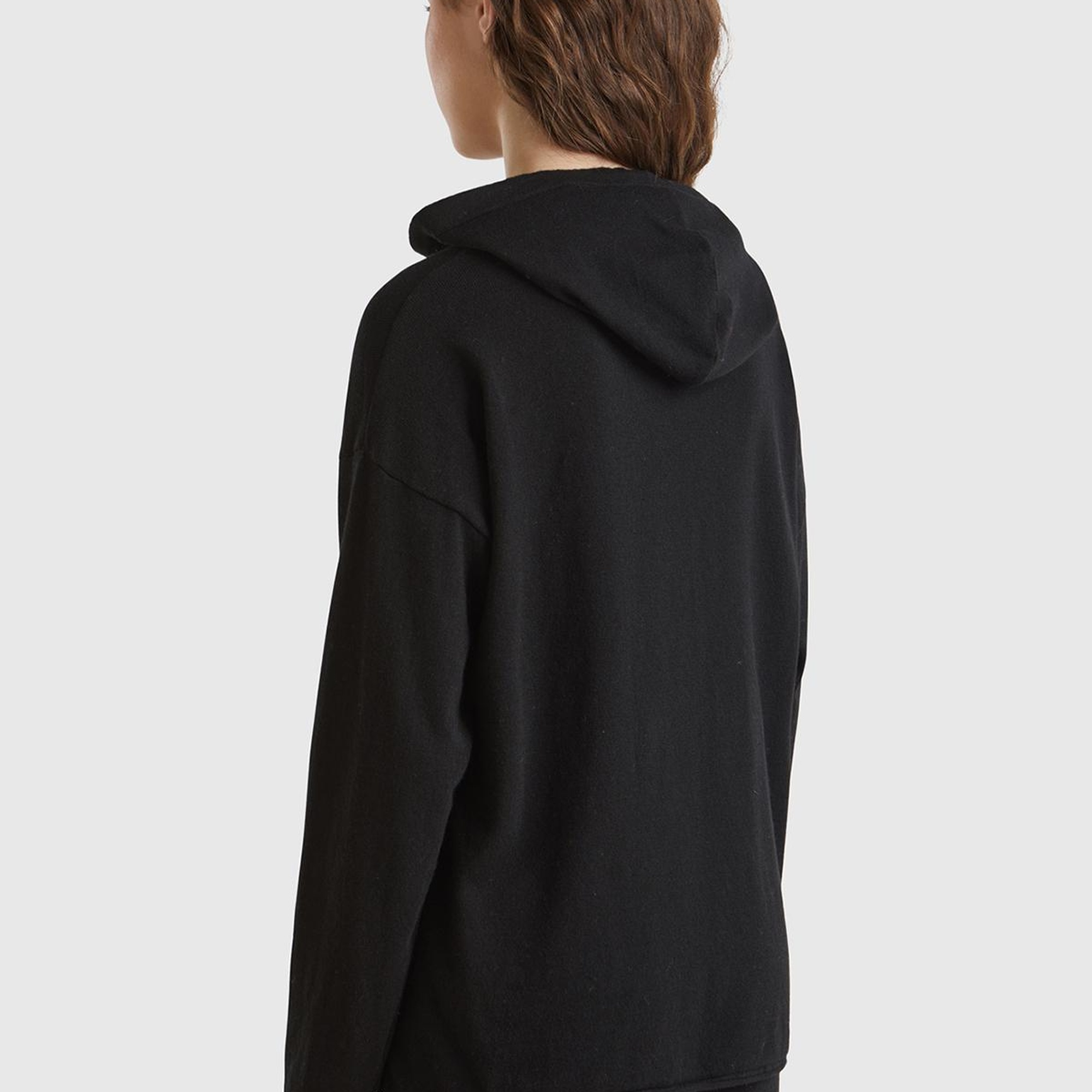 Kadın Siyah Kaşmir Karışımlı Kapşonlu Kazak