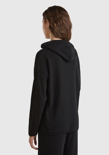  Kadın Siyah Kaşmir Karışımlı Kapşonlu Kazak