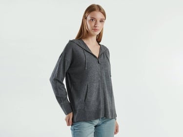  Kadın Antrasit Melanj Kapüşonlu Kaşmir Karışımlı Triko Eşofman Üstü