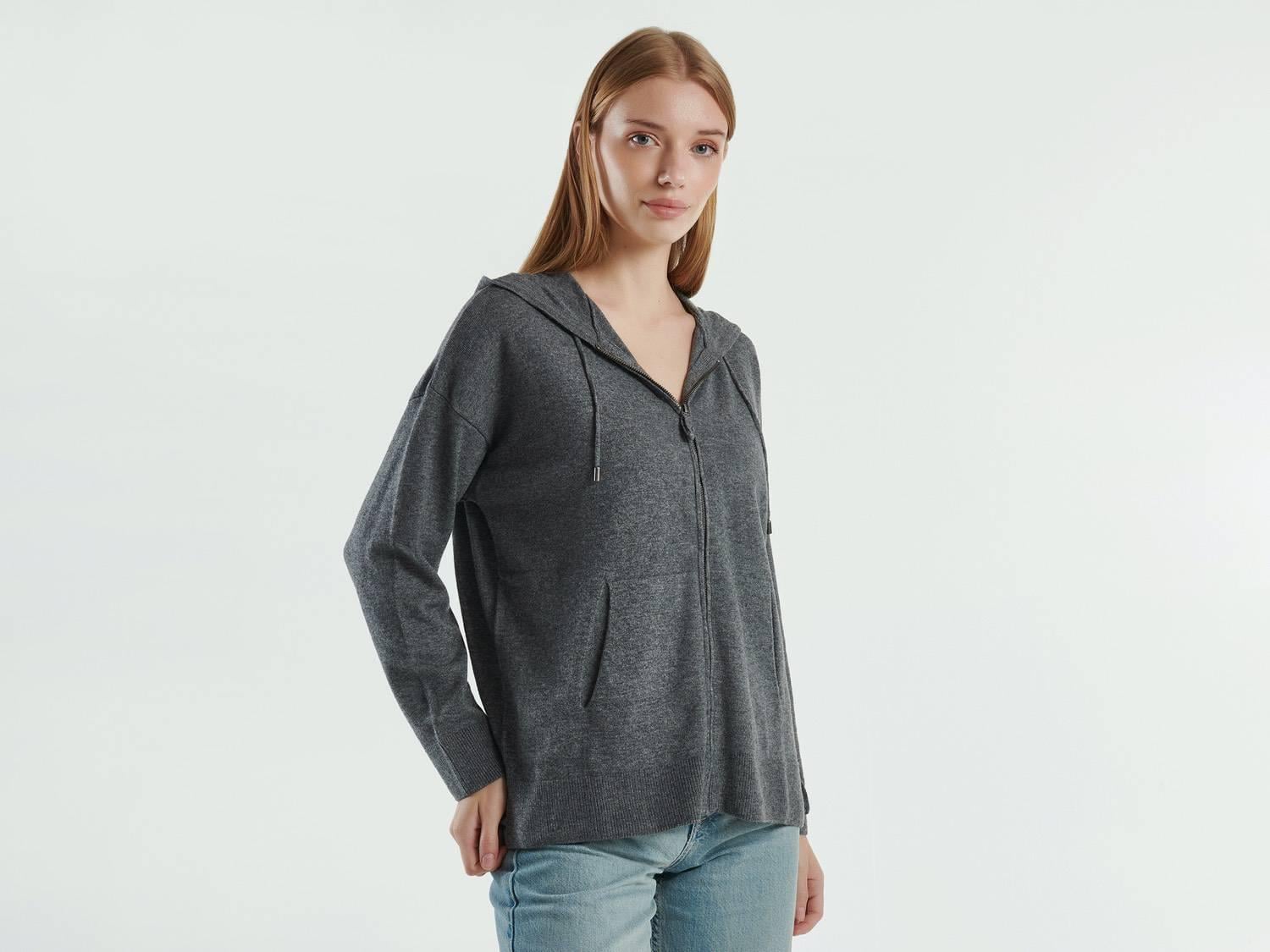  Kadın Antrasit Melanj Kapüşonlu Kaşmir Karışımlı Triko Eşofman Üstü