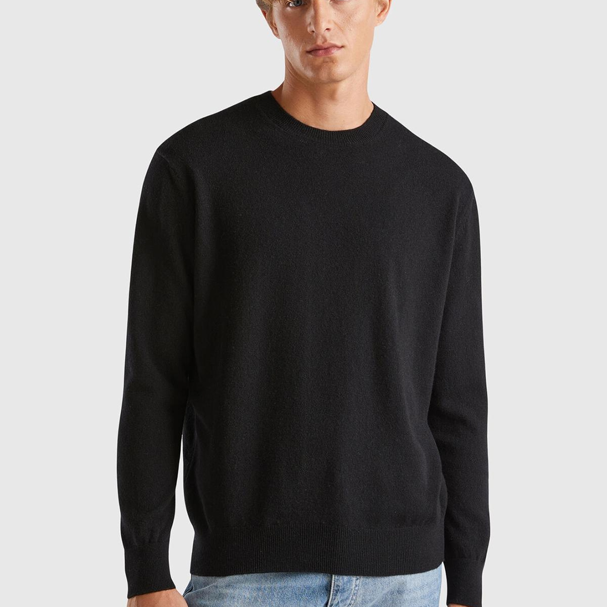 Erkek Siyah %100 Kaşmir Normal Kesim Ribanalı Yuvarlak Yaka Kazak