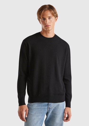  Erkek Siyah %100 Kaşmir Normal Kesim Ribanalı Yuvarlak Yaka Kazak