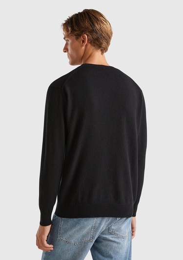  Erkek Siyah %100 Kaşmir Normal Kesim Ribanalı Yuvarlak Yaka Kazak