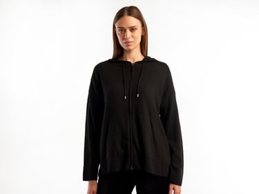  Kadın Siyah Kapüşonlu Kaşmir Karışımlı Triko Eşofman Üstü