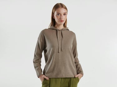  Kadın Bej Kaşmir Karışımlı Kapşonlu Kazak