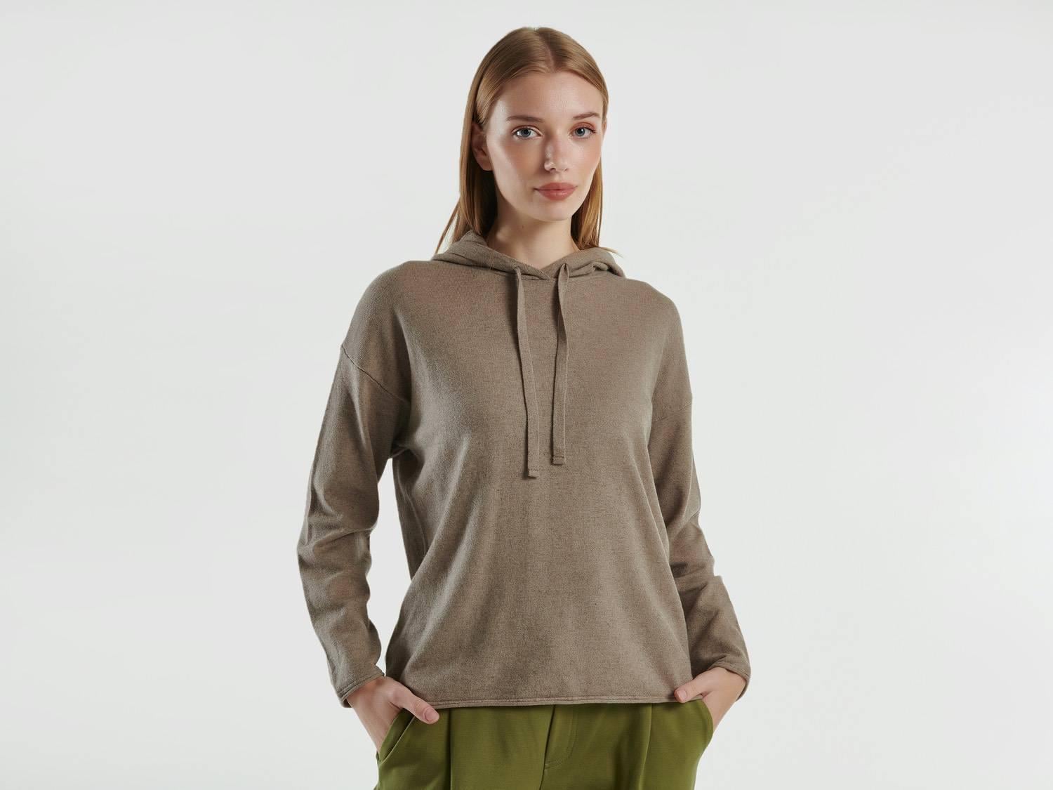  Kadın Bej Kaşmir Karışımlı Kapşonlu Kazak