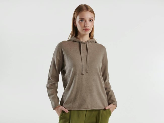  Kadın Bej Kaşmir Karışımlı Kapşonlu Kazak