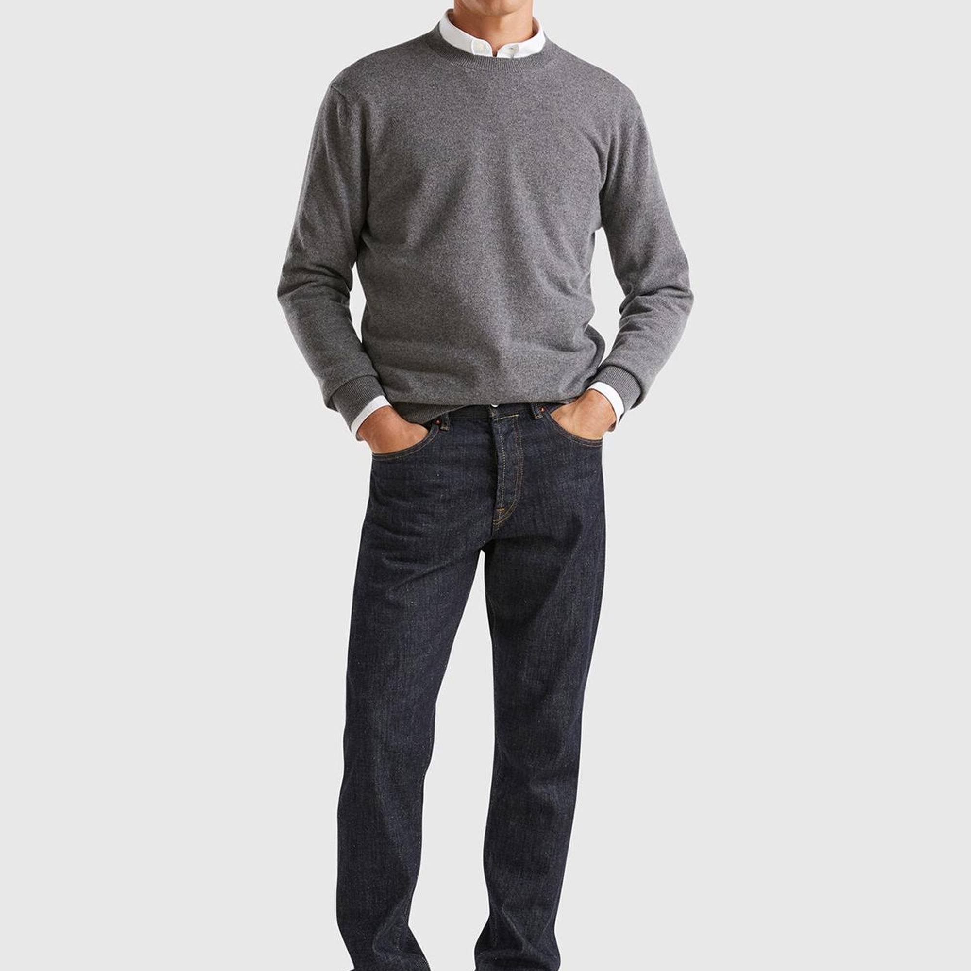 Erkek Antrasit Melanj %100 Kaşmir Normal Kesim Ribanalı Yuvarlak Yaka Kazak