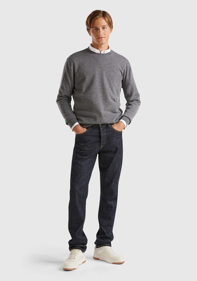  Erkek Antrasit Melanj %100 Kaşmir Normal Kesim Ribanalı Yuvarlak Yaka Kazak