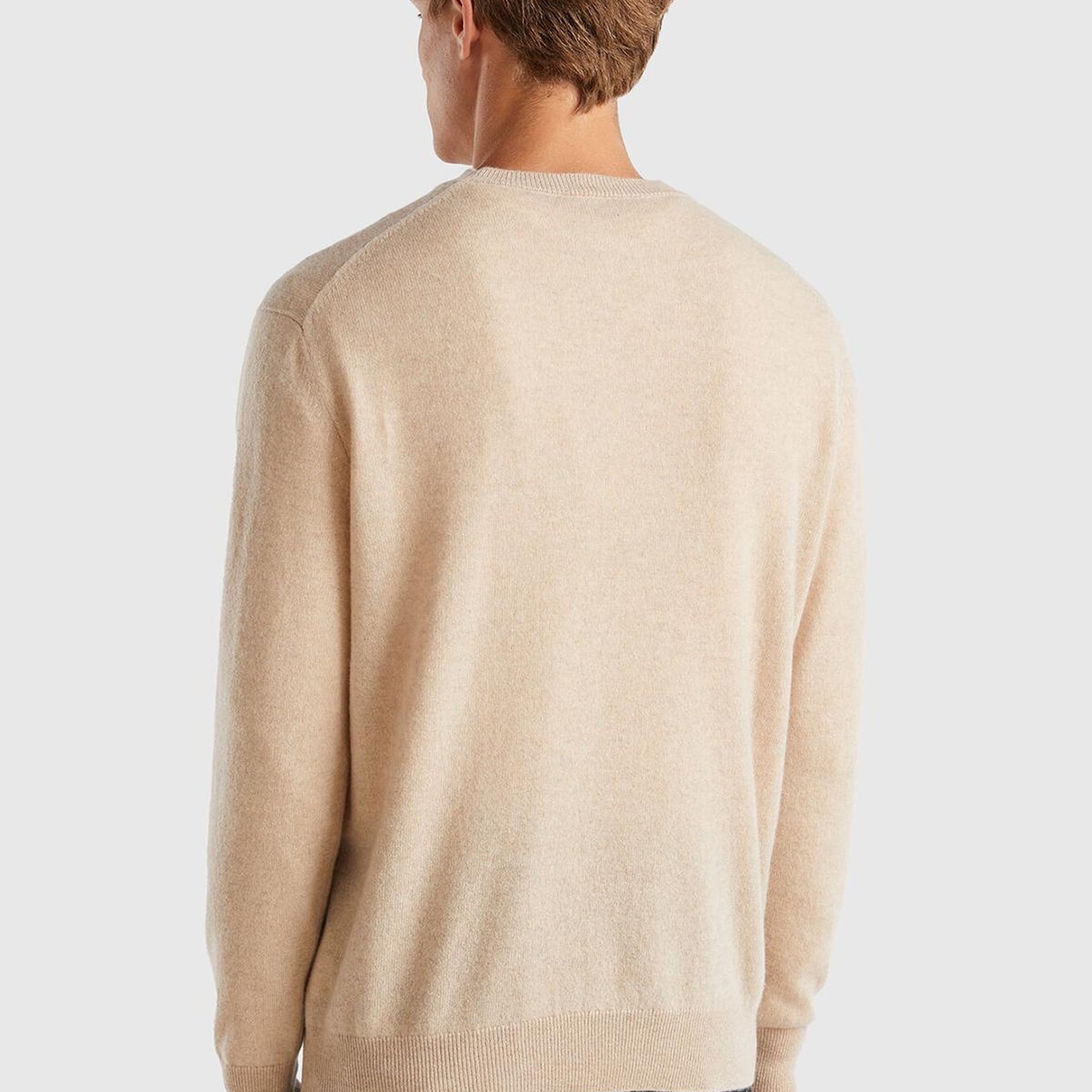 Erkek Bej Melanj %100 Kaşmir Normal Kesim Ribanalı Yuvarlak Yaka Kazak