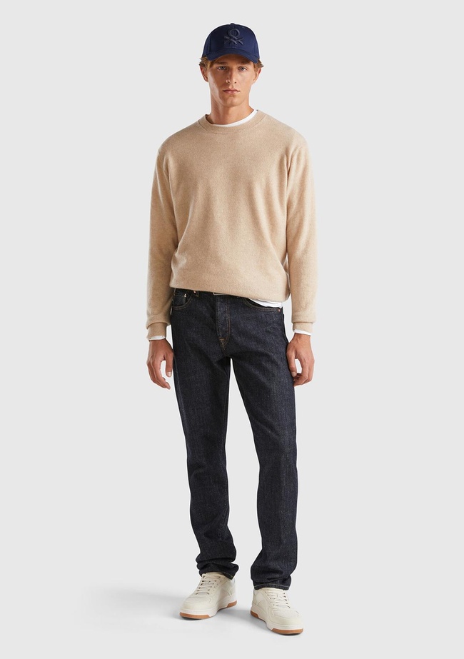  Erkek Bej Melanj %100 Kaşmir Normal Kesim Ribanalı Yuvarlak Yaka Kazak