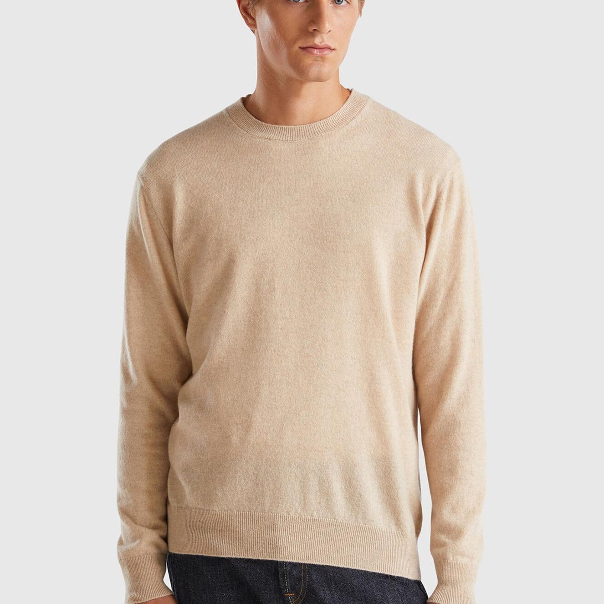 Erkek Bej Melanj %100 Kaşmir Normal Kesim Ribanalı Yuvarlak Yaka Kazak