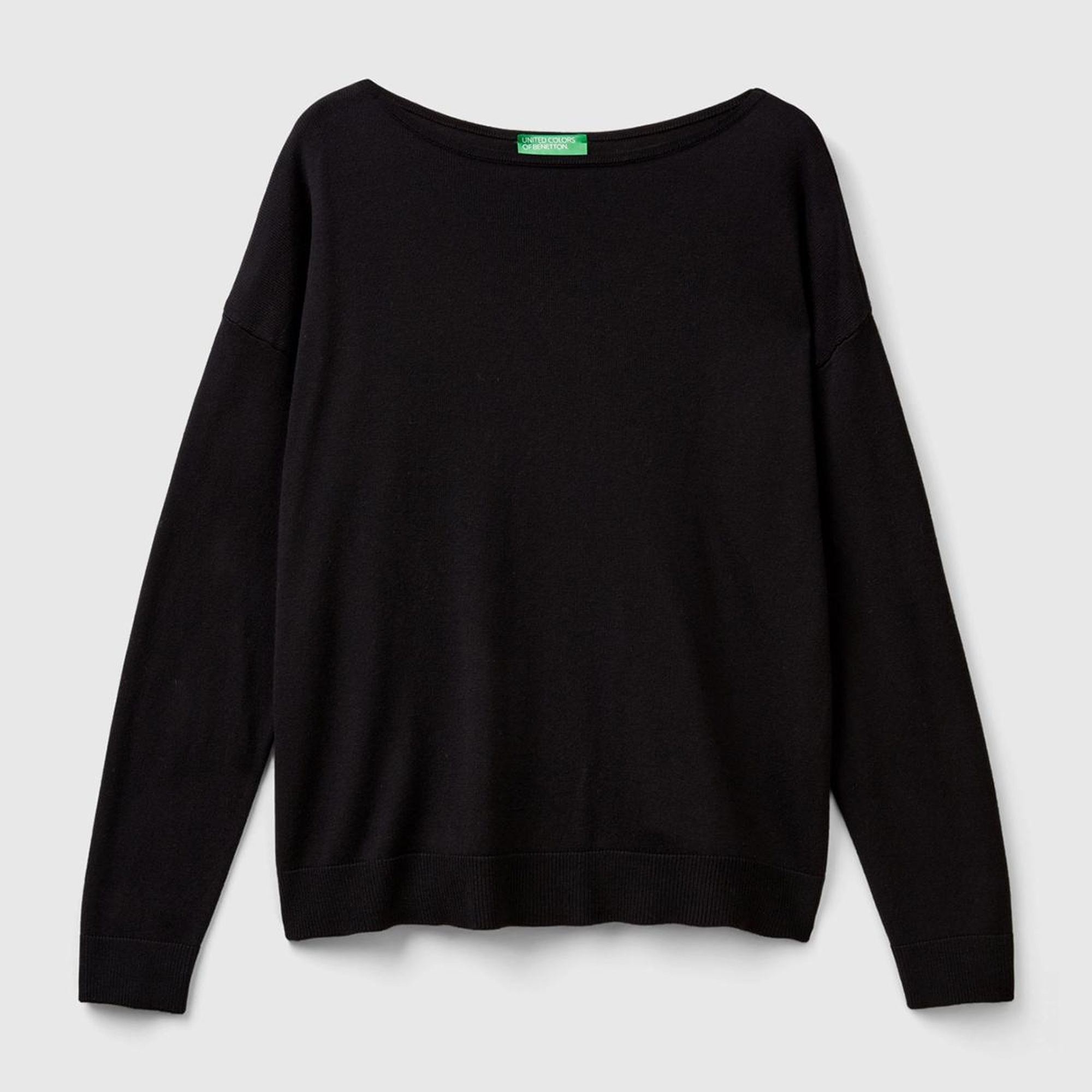 Kadın Siyah Pamuk ve Modal Karışımlı Ribana Detaylı Kayık Yaka Kazak