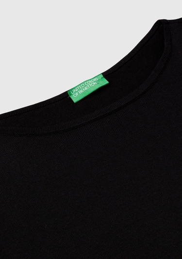  Kadın Siyah Pamuk ve Modal Karışımlı Ribana Detaylı Kayık Yaka Kazak