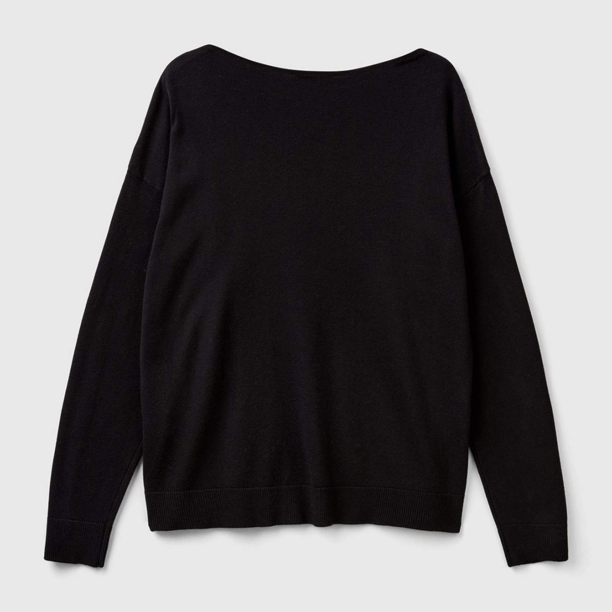 Kadın Siyah Pamuk ve Modal Karışımlı Ribana Detaylı Kayık Yaka Kazak