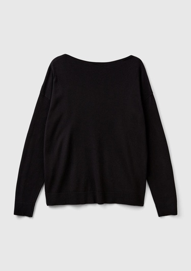  Kadın Siyah Pamuk ve Modal Karışımlı Ribana Detaylı Kayık Yaka Kazak