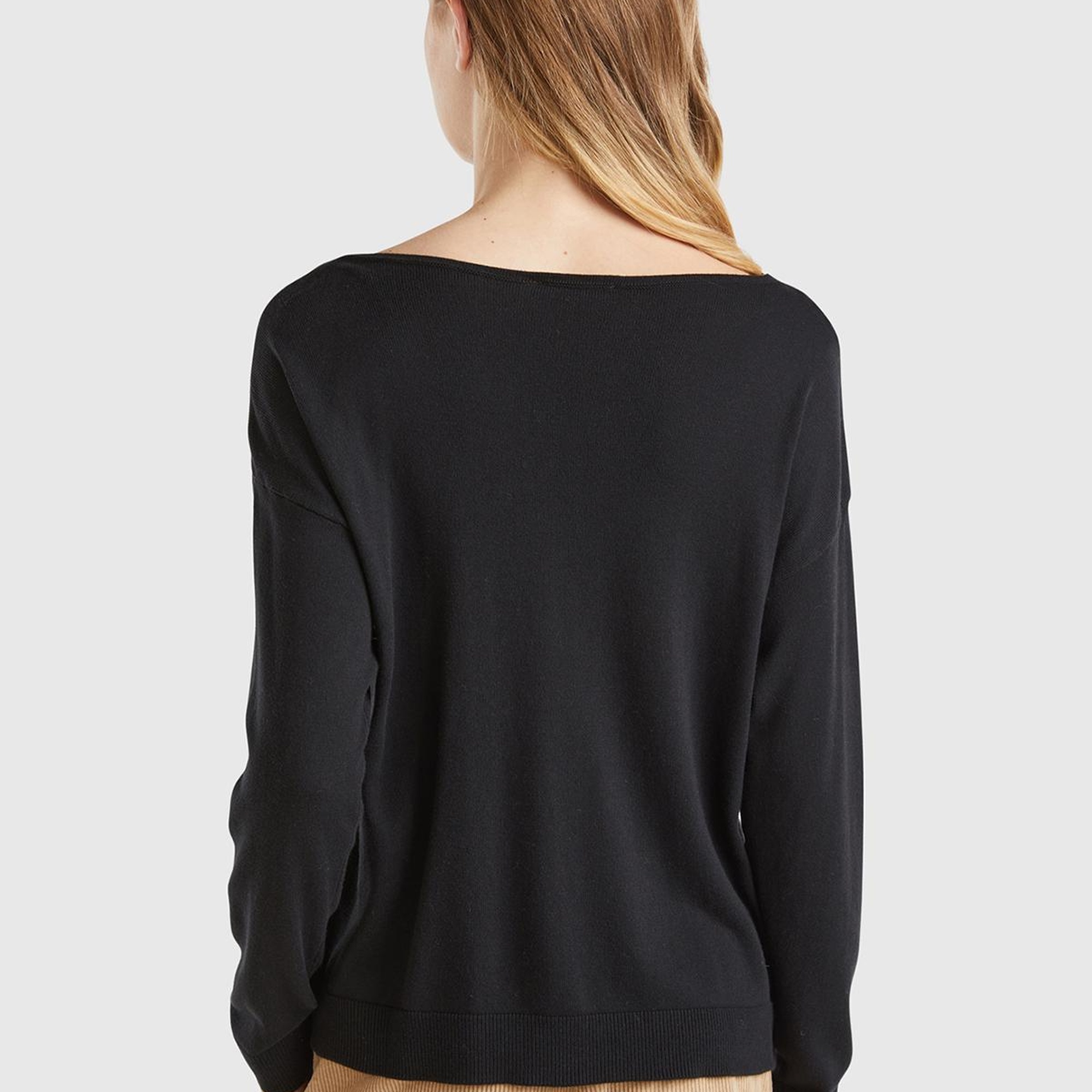 Kadın Siyah Pamuk ve Modal Karışımlı Ribana Detaylı Kayık Yaka Kazak