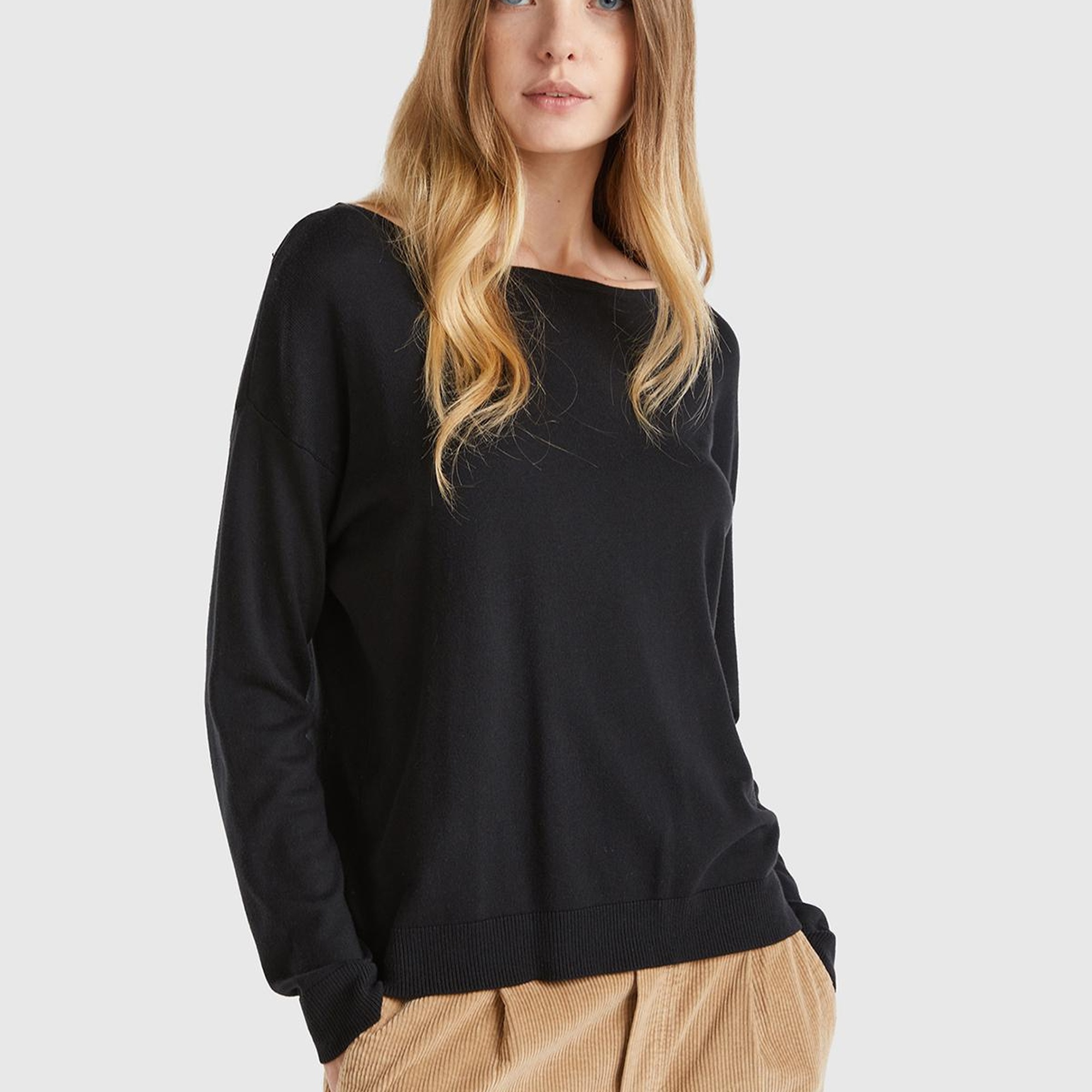 Kadın Siyah Pamuk ve Modal Karışımlı Ribana Detaylı Kayık Yaka Kazak