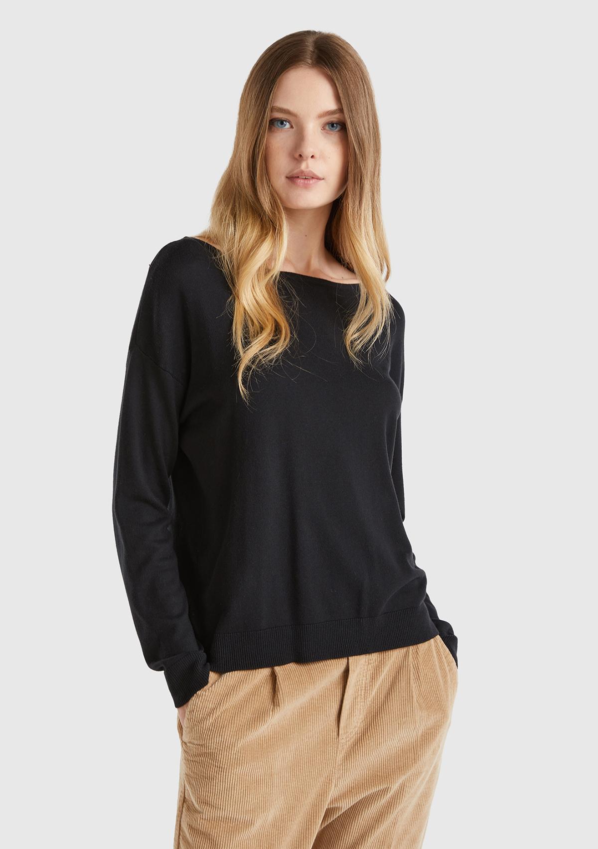  Kadın Siyah Pamuk ve Modal Karışımlı Ribana Detaylı Kayık Yaka Kazak