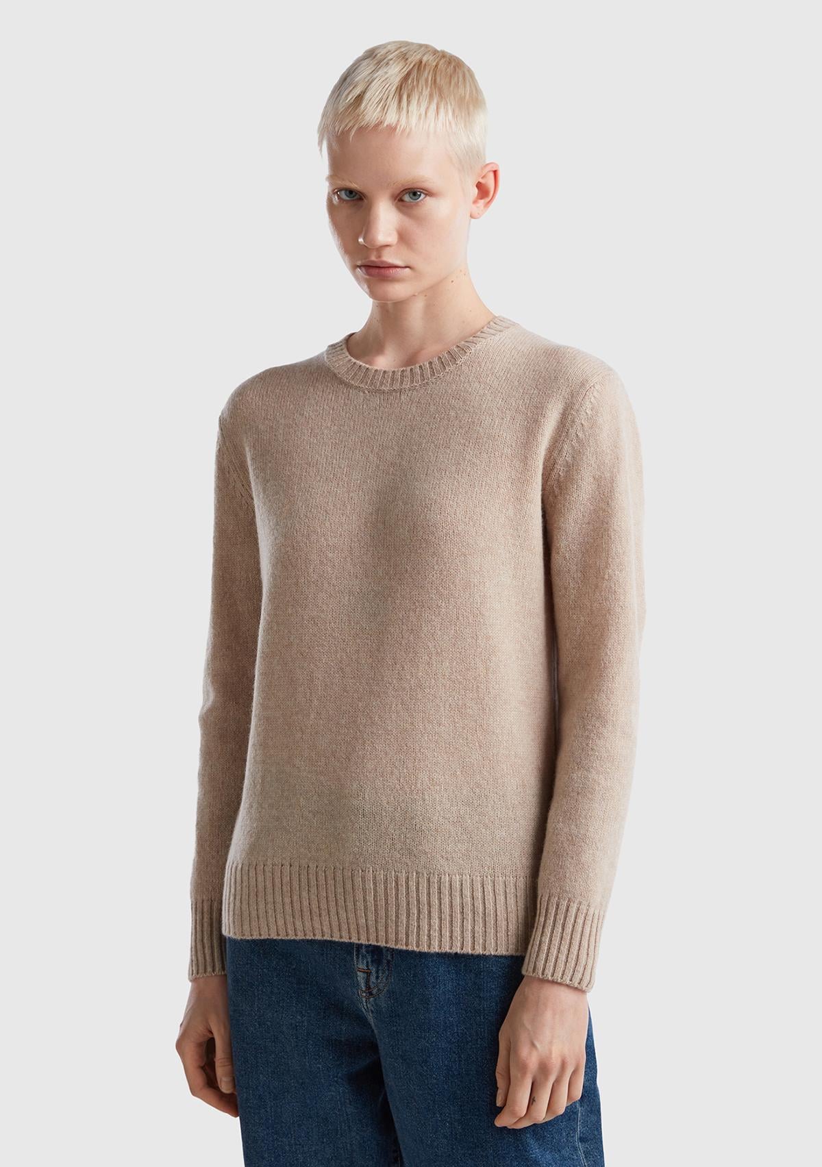  Kadın Bej Melanj Bisiklet Yaka Shetland Kazak