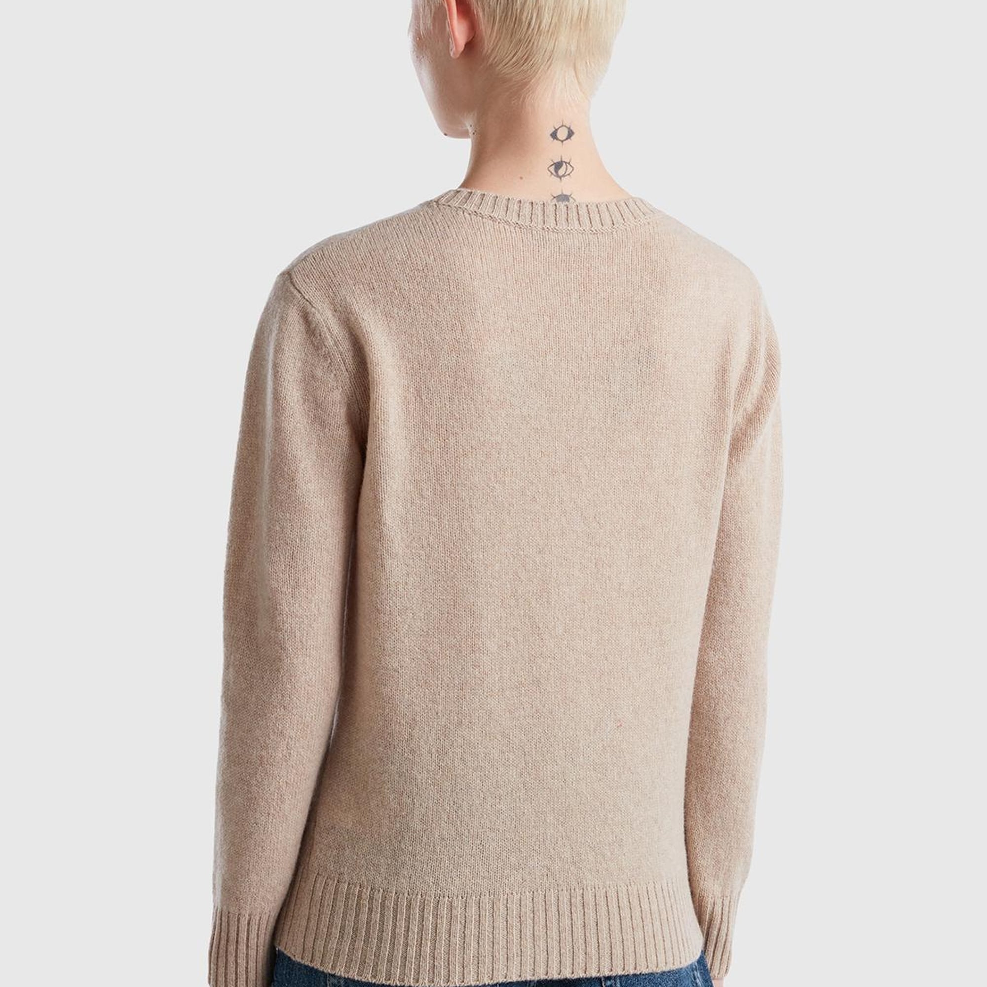 Kadın Bej Melanj Bisiklet Yaka Shetland Kazak