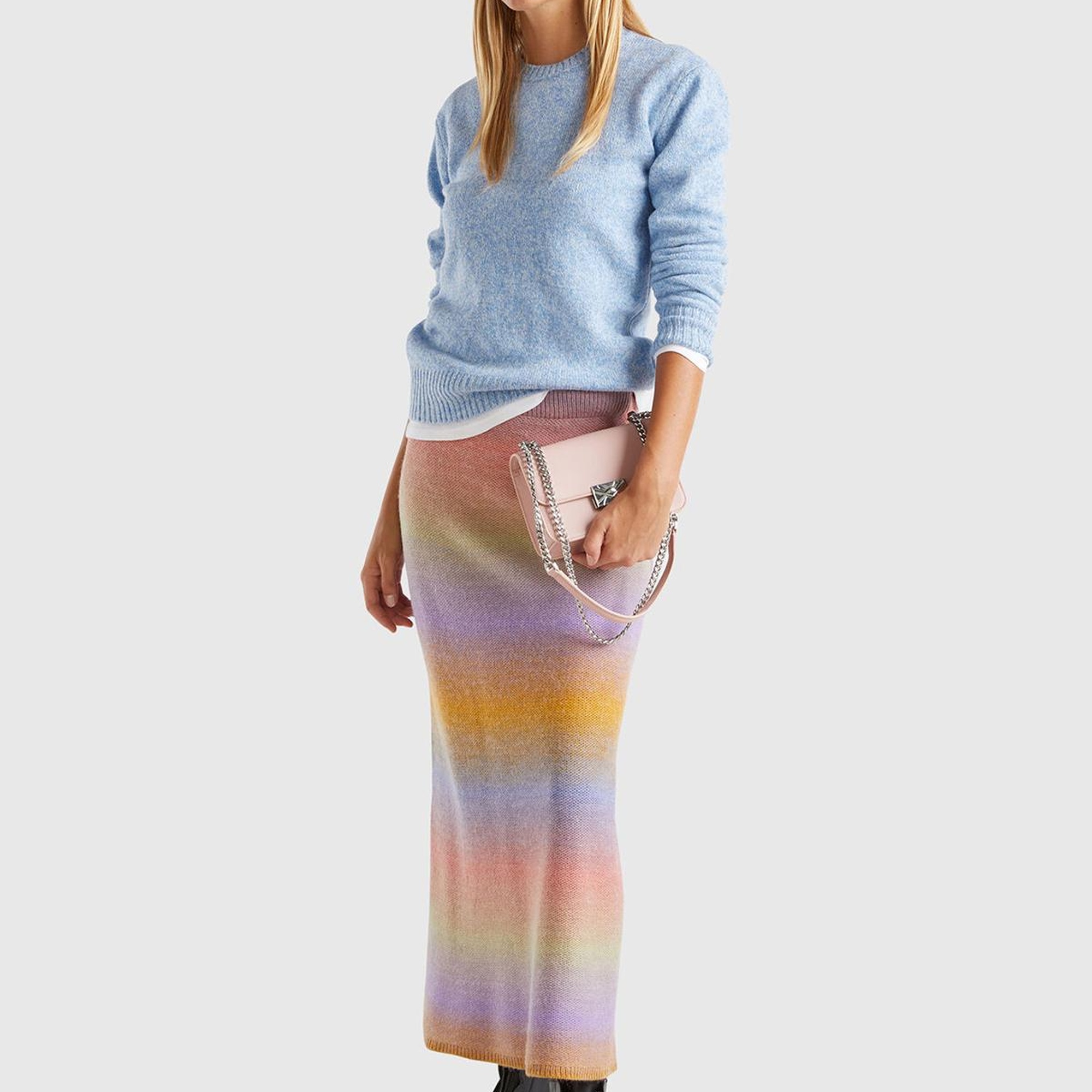 Kadın Turuncu Mix Yün Karışımlı Elastik Belli Çok Renkli Midi Etek