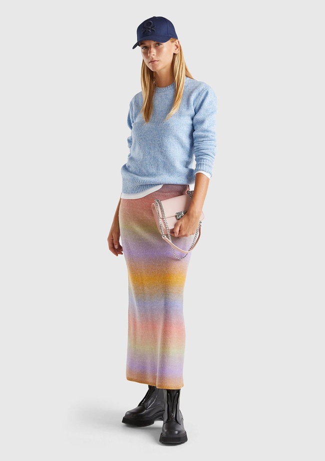  Kadın Turuncu Mix Yün Karışımlı Elastik Belli Çok Renkli Midi Etek