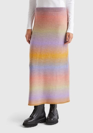  Kadın Turuncu Mix Yün Karışımlı Elastik Belli Çok Renkli Midi Etek