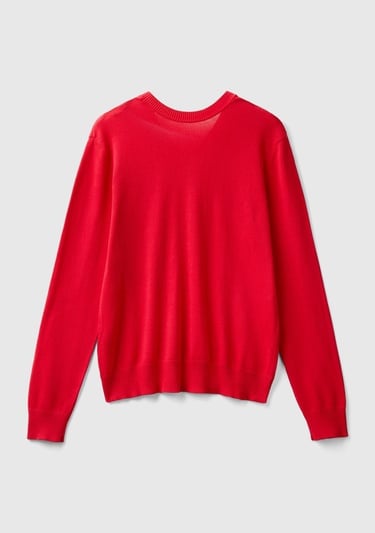  Kadın Kırmızı Pamuk ve Modal Karışımlı Önü V Arkası Yuvarlak Yaka Kazak