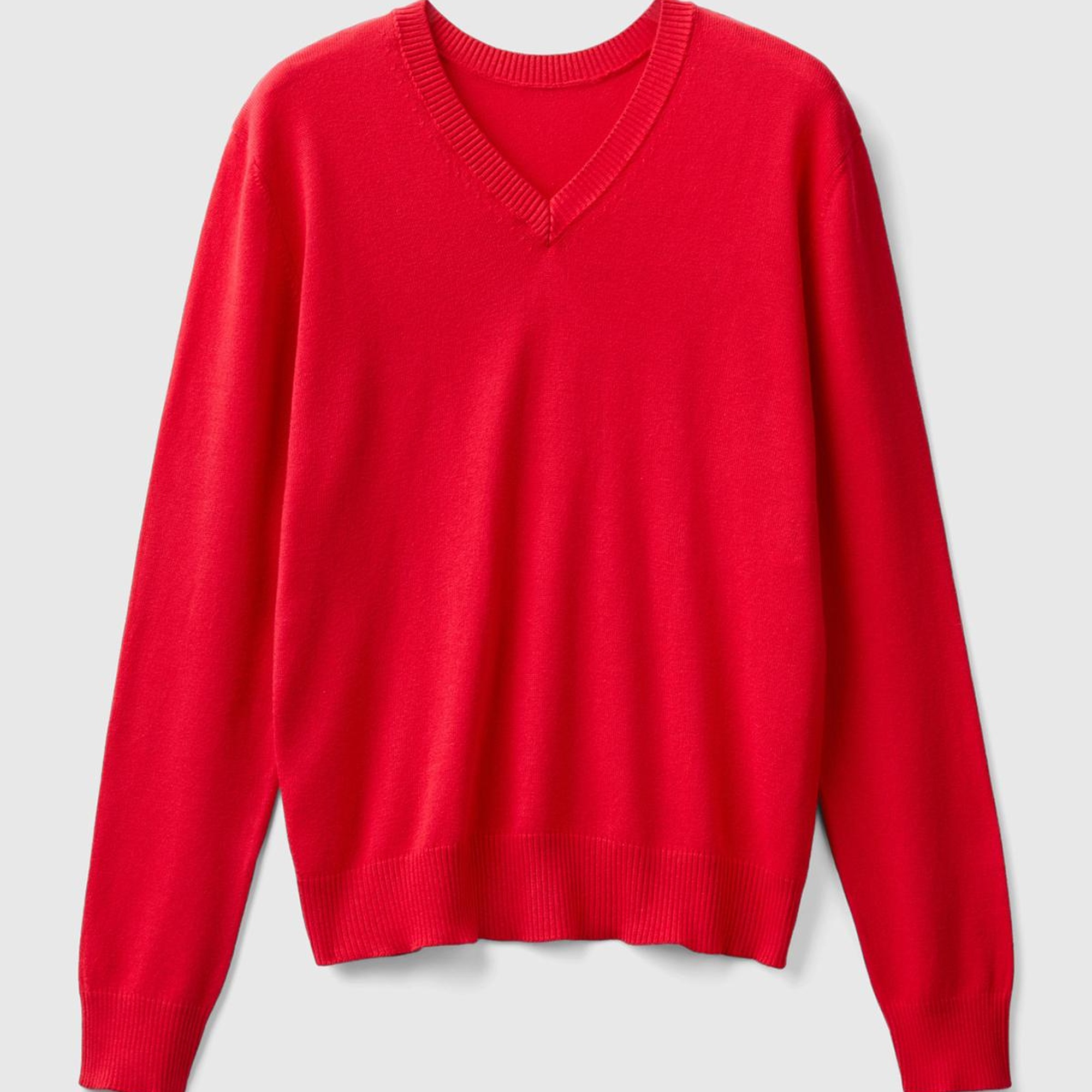 Kadın Kırmızı Pamuk ve Modal Karışımlı Önü V Arkası Yuvarlak Yaka Kazak