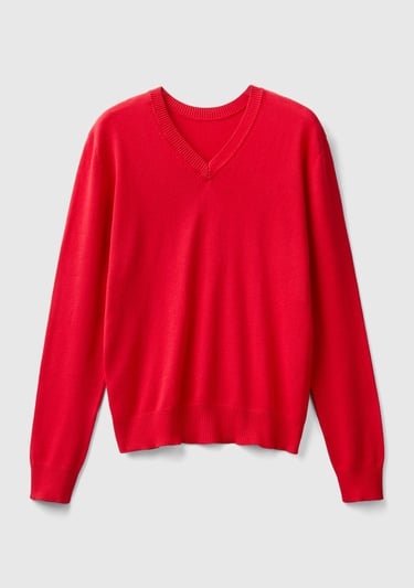  Kadın Kırmızı Pamuk ve Modal Karışımlı Önü V Arkası Yuvarlak Yaka Kazak